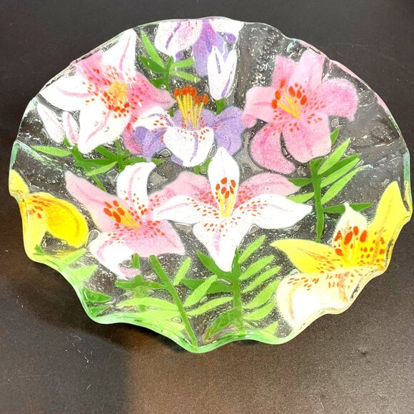 Fused Glass Floral Bowl Handmade Lily Design Colorful Decorative Plate 8.5" sign - Picture 2 of 8